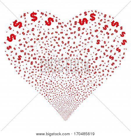 Dollar fireworks with heart shape. Vector illustration style is flat red iconic symbols on a white background. Object stream done from scattered design elements.