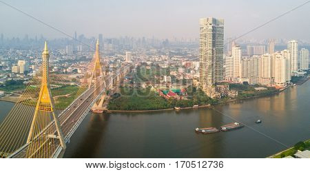 Bhumibol bridge aerial view over the Chao Phraya river in Bangkok, Thailand