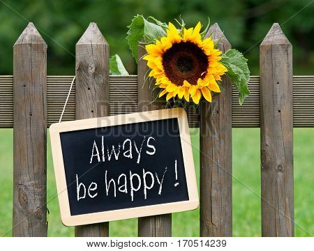 Always be happy - chalkboard with sunflower in the garden