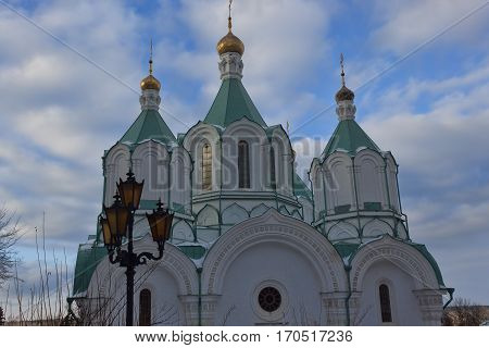 Churches of Sviatohirsk Lavra. Sunny day in January. On the waterfront