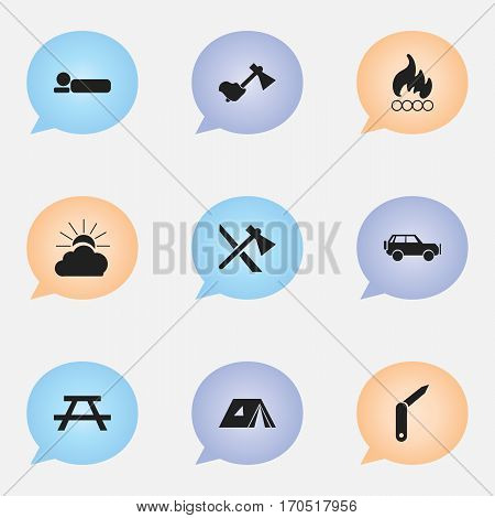 Set Of 9 Editable Trip Icons. Includes Symbols Such As Clasp-Knife, Desk, Tomahawk And More. Can Be Used For Web, Mobile, UI And Infographic Design.