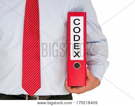 Codex - Businessman with red binder on white background