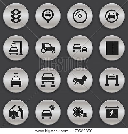 Set Of 16 Editable Vehicle Icons. Includes Symbols Such As Auto Service, Vehicle Car, Treadle And More. Can Be Used For Web, Mobile, UI And Infographic Design.