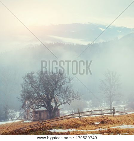 Wooden old house in the mountains in a foggy weather.