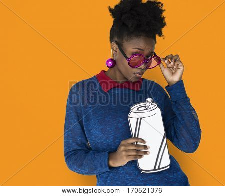 African Woman with Sunglasses Holding a Can Beverage