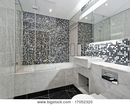 moderne badeværelse med marmor håndvask bassin og mosaik fliser
