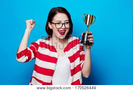 Young Smiling Woman With Cup Trophy