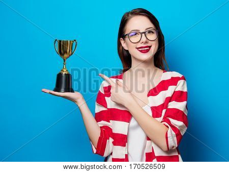 Young Smiling Woman With Cup Trophy