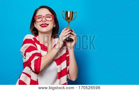 Young Smiling Woman With Cup Trophy