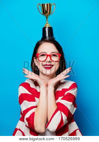 Young Smiling Woman With Cup Trophy