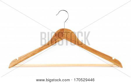 Single white wooden hanger isolated over the white background