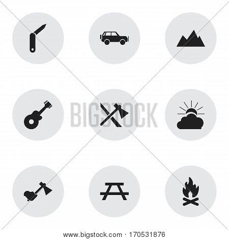 Set Of 9 Editable Travel Icons. Includes Symbols Such As Ax, Desk, Clasp-Knife And More. Can Be Used For Web, Mobile, UI And Infographic Design.