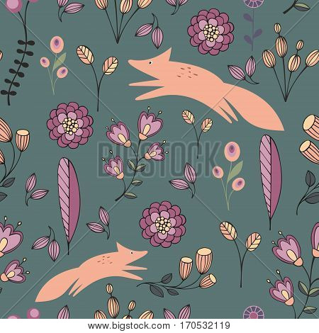 Stylized flowers and foxes on a green background. Seamless pattern