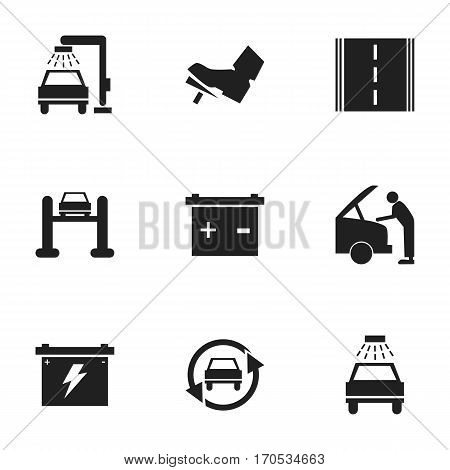 Set Of 9 Editable Car Icons. Includes Symbols Such As Highway, Vehicle Wash, Treadle And More. Can Be Used For Web, Mobile, UI And Infographic Design.