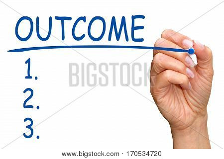Outcome and Checklist - female hand with blue marker writing text