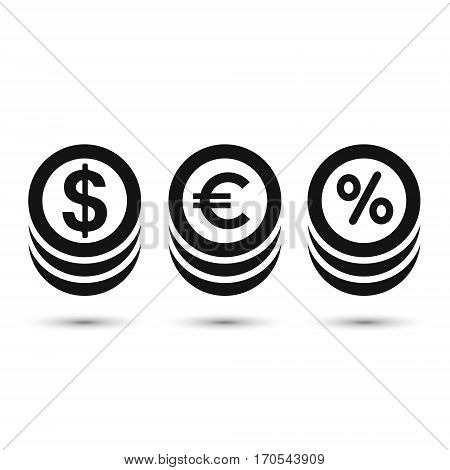 Coins icon dollar euro and percent coin symbol. Vector.