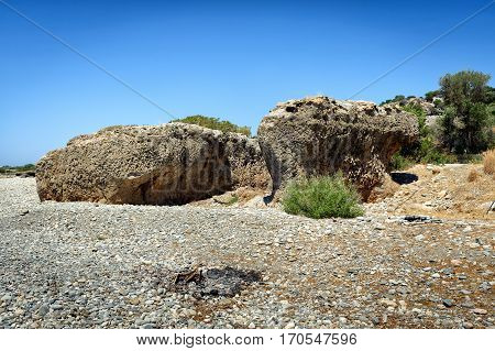 Rocky coastline with turquoise lagoon near Paleochora town on Crete island, Greece