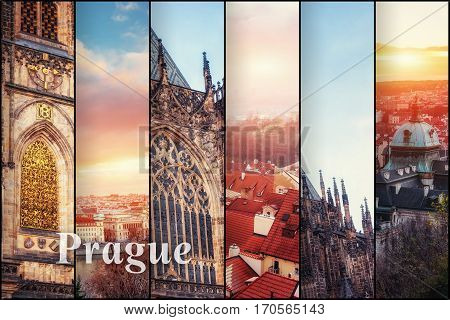 Creative collage view of the Prague architectural monuments with vertical photo. Instagram tonic effect.
