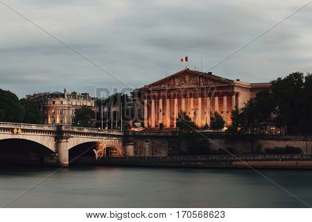 Paris River Seine panorama with Pont de la Concorde and Assemblee Nationale
