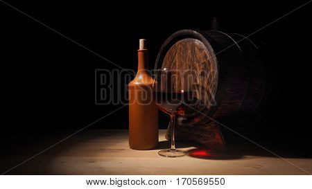 Glass Of Red Wine And Barrel On Wooden Table