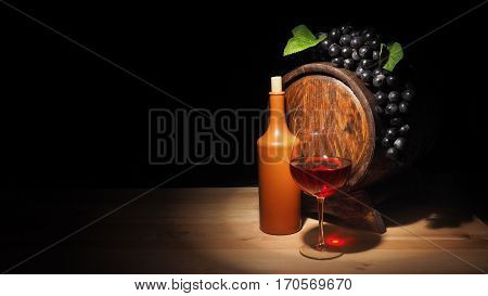 Glass Of Red Wine And Barrel On Wooden Table