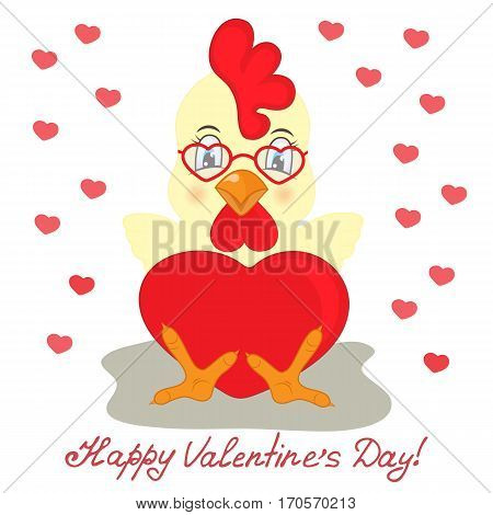 Yellow rooster in glasses with red heart. Congratulations to the St. Valentine's Day