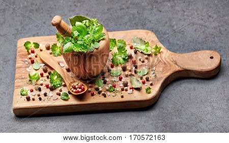 Herbs and spices  on a graphite board