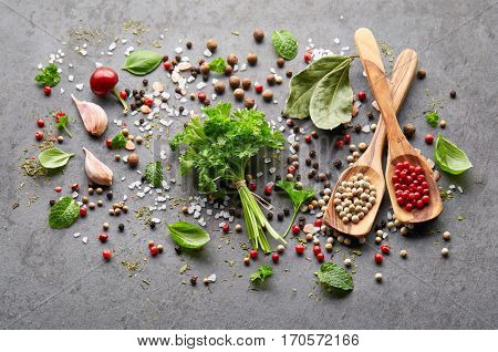 Herbs and spices  on a graphite board