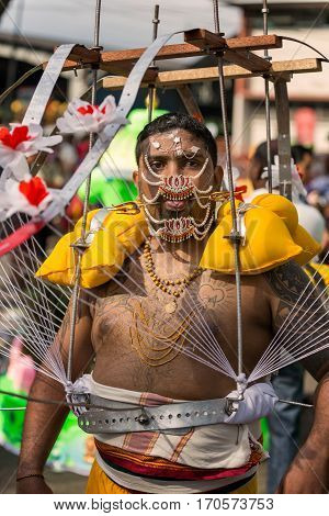 Georgetown Penang Malaysia - February 9 2017 : Hindu devotee taking part in the Thaipusam festival on February 9 2017 in Malaysia. Hindu festival to worship God Muruga.