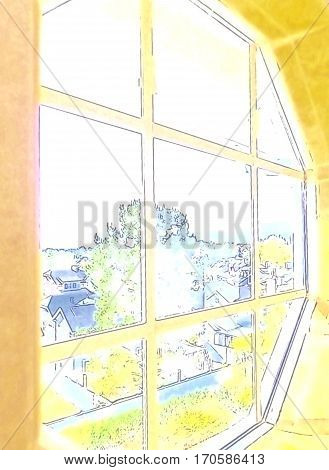 A watercolor view from a window overlooking a peaceful neighborhood.