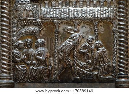 ZAGREB, CROATIA - APRIL 13: Bass relief with images from the life of St. Simeon, Saint Simeons chest at the atrium of Croatian Academy of Sciences and Arts in Zagreb, on April 13, 2016.