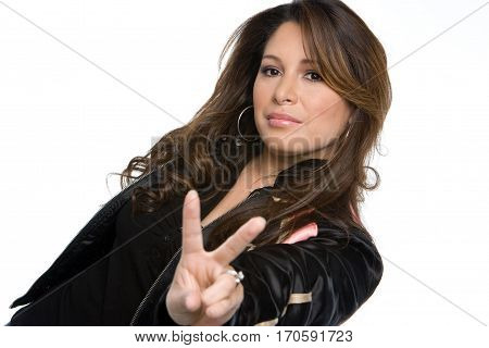 Beautiful hispanic woman making hand jesture and isolated on white.