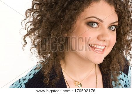 Beautiful hispanic woman making hand jesture and isolated on white.