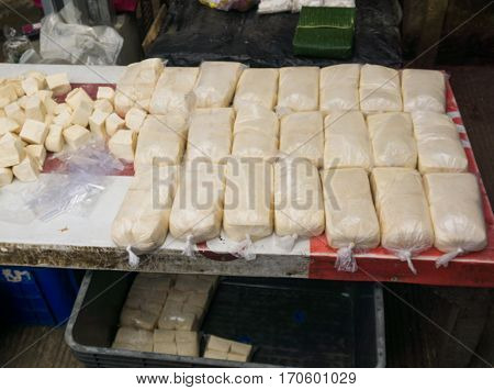 Tahu or tofu sold at Bogor traditional market photo taken in Bogor Indonesia java
