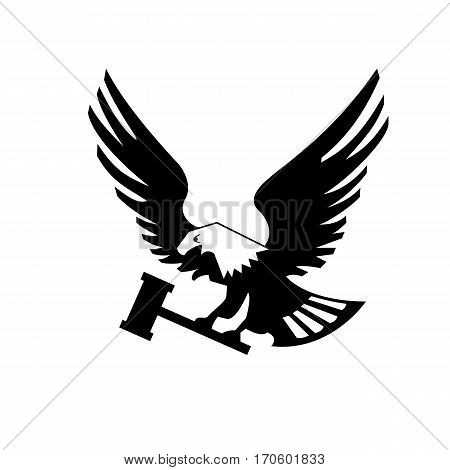 Eagle bird with hammer isolated on white backgroundicon. heraldic emblem of powerful wild falcon with stretching clutches. Symbol of eagle hawk predator for sport team mascot shield, company badge, guard service, hunting club label