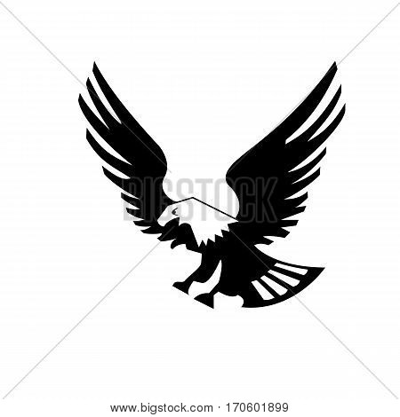 Eagle bird isolated on white backgroundicon. heraldic emblem of powerful wild falcon with stretching clutches. Symbol of eagle hawk predator for sport team mascot shield, company badge, guard service, hunting club label