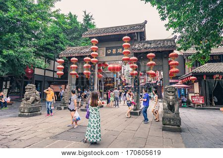 Chongqing China September 15 2015 : Unidentified tourists are walk for shopping in Ciqikou city of ancient and historical shophouses