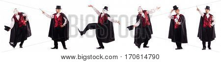 Man magician isolated on white