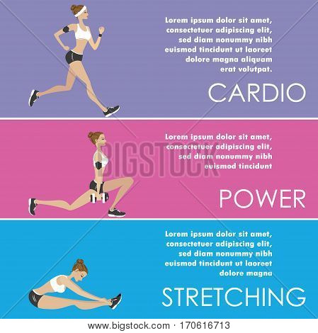 Set of horizontal color banners about different physical activity cartoon stock vector illustration