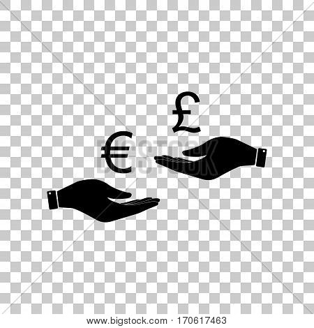 Currency exchange from hand to hand. Euro and Puond. Black icon on transparent background.