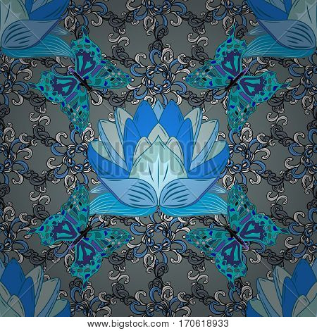 Vector Seamless Pattern With Blue Flowers And Butterflies On Grey Background. Radial Gradient Shadow