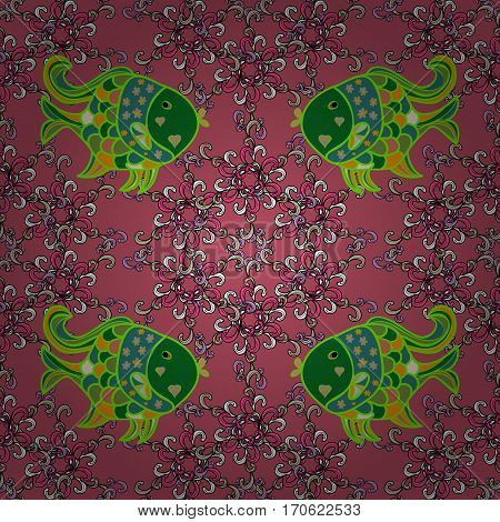 Green Doodles Fish Pattern. Vector Illustration Texture. Radial Gradient Shadow.