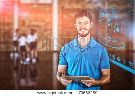 Fitness interface against portrait of sports teacher using digital tablet
