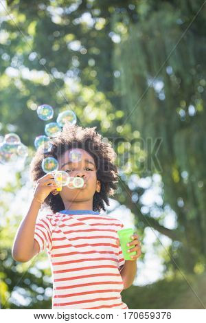 Portrait of boy making bubbles with bubble wand in a park