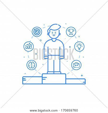 Vector illustration in flat bold linear style with boy and blue icons. Concept of business competition winner - man standing on the podium on the first place - career achievement. Outline stock object