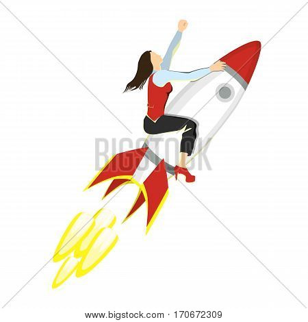 Businesswoman on rocket. Isolated charachter with red and white jet rocket. Successful development of business.