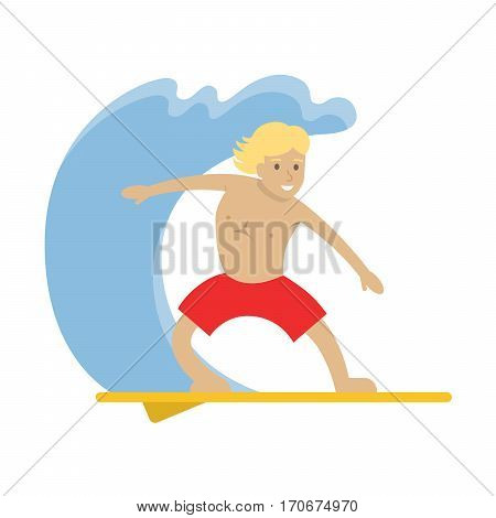 Isolted surfing smiling handsome boy with surfboard in red shorts.