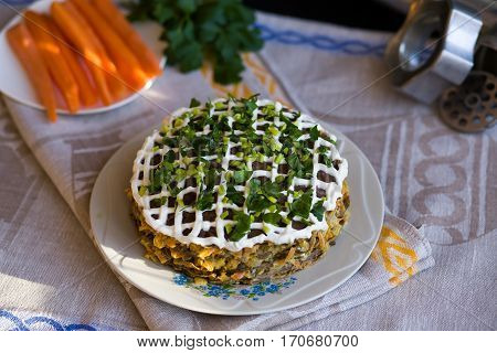 Pie Beef Liver With Onions And Tuschenym Markovka On A Plate Decorated With Mayonnaise. Liver Cake.
