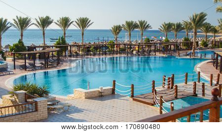 EGYPT, SHARM EL SHEIKH - JULY 19, 2015: Buildings and Area Hotel Jaz Belvedere in Sharm El Sheikh, Popular Center of a Beach Holiday and Diving, Red Sea, Summer, Egypt