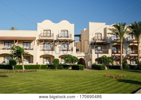 EGYPT, SHARM EL SHEIKH - JULY 19, 2015: Buildings and Area Hotel Jaz Belvedere in Sharm El Sheikh, Popular Center of a Beach Holiday and Diving, Red Sea, Summer, Egypt